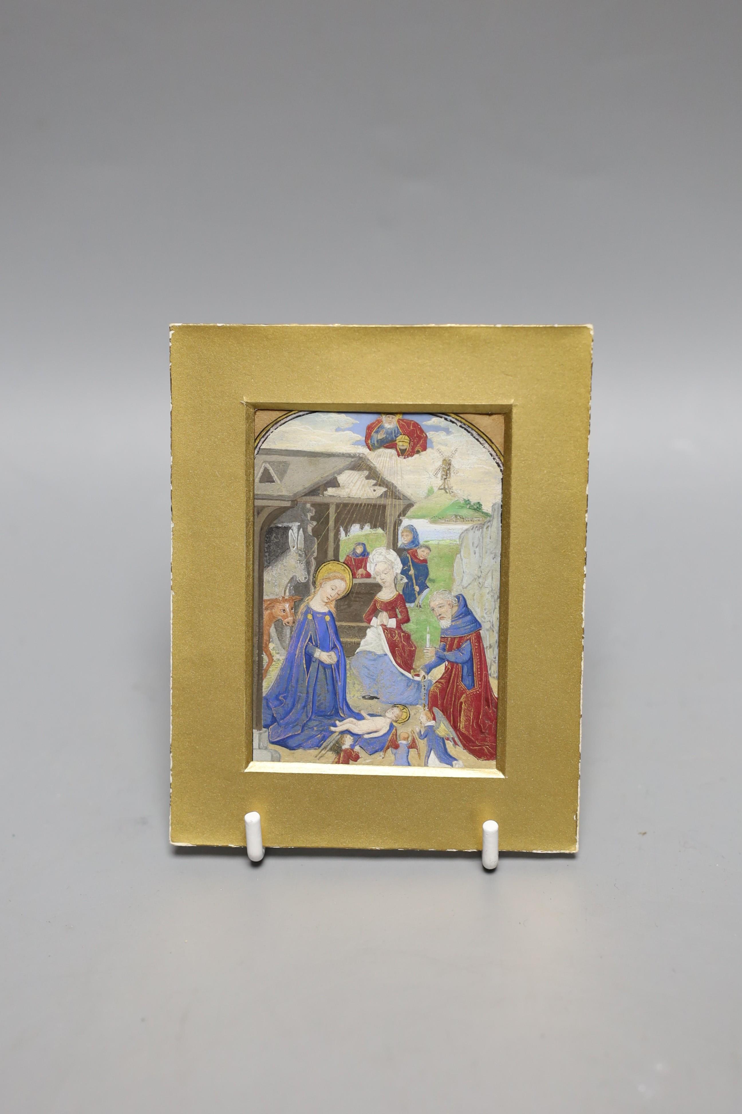 19th century illumination, nativity scene with windmill, 8 x 5.5cm